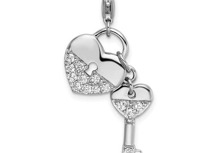 Amore La Vita Sterling Silver Rhodium-plated Polished CZ Heart and Key Charm with Fancy Lobster Clasp
