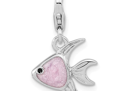 Amore La Vita Sterling Silver Rhodium-plated Polished 3-D Enameled Angel Fish Charm with Fancy Lobster Clasp