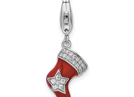 Amore La Vita Sterling Silver Rhodium-plated Polished CZ Enameled Christmas Stocking Charm with Fancy Lobster Clasp