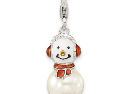 Amore La Vita Sterling Silver Rhodium-plated Polished 3-D Mother of Pearl and Enameled Snowman Charm with Fancy Lobster Clasp