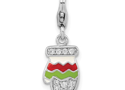 Amore La Vita Sterling Silver Rhodium-plated Polished CZ Enameled Mitten Charm with Fancy Lobster Clasp