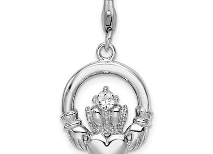Amore La Vita Sterling Silver Rhodium-plated Polished Clear CZ Claddagh Charm with Fancy Lobster Clasp