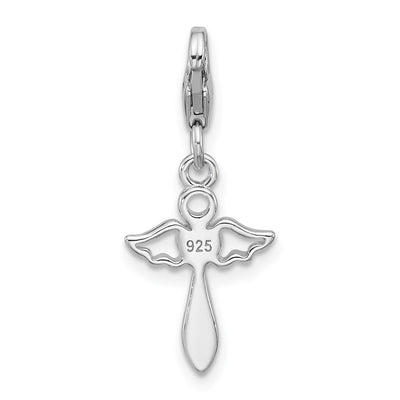 Amore La Vita Sterling Silver Rhodium-plated Angel Holding Red Enameled Heart Charm with Fancy Lobster Clasp