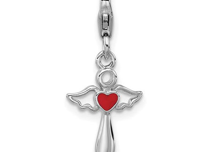 Amore La Vita Sterling Silver Rhodium-plated Angel Holding Red Enameled Heart Charm with Fancy Lobster Clasp