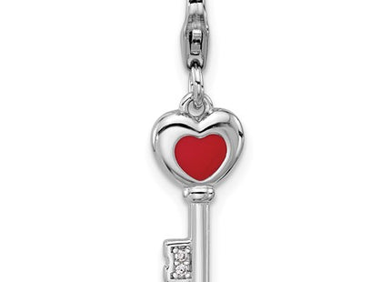 Amore La Vita Sterling Silver Rhodium-plated 3-D Red Enameled Heart Key and CZ Charm with Fancy Lobster Clasp