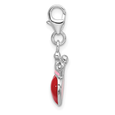 Amore La Vita Sterling Silver Rhodium-plated Red Enameled Heart Wearing Crystal Enameled Pink Crown Charm with Fancy Lobster Clasp