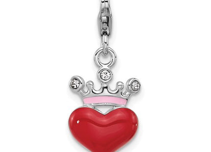 Amore La Vita Sterling Silver Rhodium-plated Red Enameled Heart Wearing Crystal Enameled Pink Crown Charm with Fancy Lobster Clasp