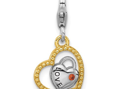 Amore La Vita Sterling Silver Rhodium and Gold-plated Heart Shaped Lock with Red CZ and Love Inside Heart with White CZ Charm with Fancy Lobster Clasp