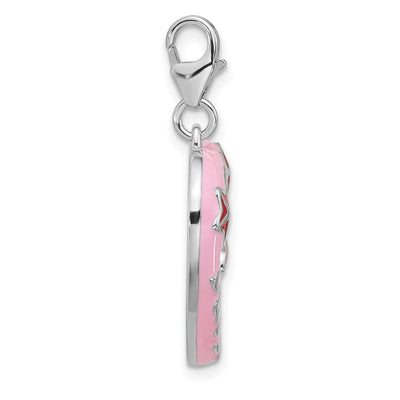 Amore La Vita Sterling Silver Rhodium-plated Pink Enameled Heart with Red and White Enameled Stars and Daughter Photo Frame Charm with Fancy Lobster Clasp