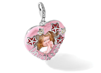 Amore La Vita Sterling Silver Rhodium-plated Pink Enameled Heart with Red and White Enameled Stars and Daughter Photo Fr