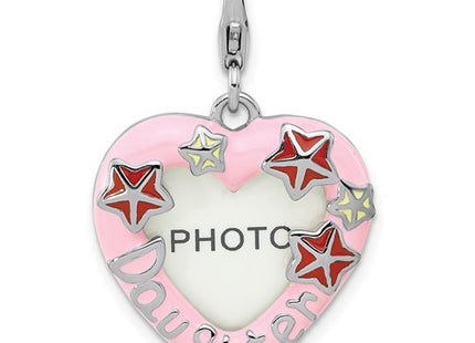 Amore La Vita Sterling Silver Rhodium-plated Pink Enameled Heart with Red and White Enameled Stars and Daughter Photo Frame Charm with Fancy Lobster Clasp