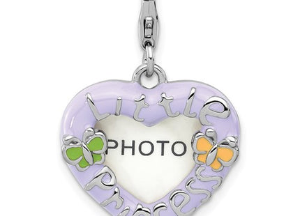 Amore La Vita Sterling Silver Rhodium-plated Purple Enameled Heart with Green and Yellow Enameled Butterflies and Little Princess Photo Frame Charm with Fancy Lobster Clasp