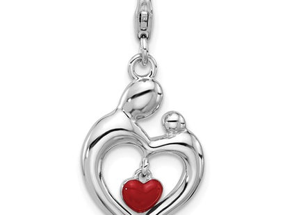 Amore La Vita Sterling Silver Rhodium-plated Mother and Baby Making Heart Shape Holding a Red Enameled Dangle Heart Charm with Fancy Lobster Clasp
