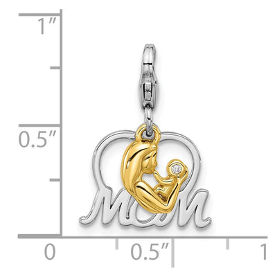 Amore La Vita Sterling Silver Rhodium and Gold-plated Mother Holding Child with CZ Inside Heart with MOM Charm with Fancy Lobster Clasp