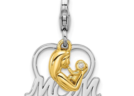 Amore La Vita Sterling Silver Rhodium and Gold-plated Mother Holding Child with CZ Inside Heart with MOM Charm with Fancy Lobster Clasp