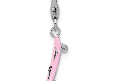 Amore La Vita Sterling Silver Rhodium-plated Pink Enameled Skate Board with Black Enameled Foot Prints Charm with Fancy Lobster Clasp