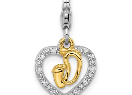 Amore La Vita Sterling Silver Rhodium and Gold-plated Baby Feet Inside Heart with CZ Charm with Fancy Lobster Clasp