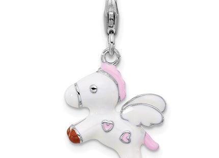 Amore La Vita Sterling Silver Rhodium-plated White/Pink/Black and Red Enameled Pegasus Charm with Fancy Lobster Clasp