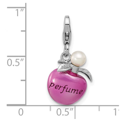 Amore La Vita Sterling Silver Rhodium-plated Magenta Enameled Perfume Bottle and Freshwater Cultured Pearl Charm with Fancy Lobster Clasp