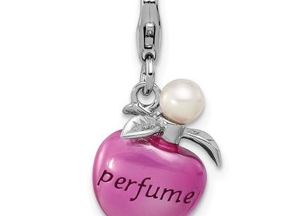 Amore La Vita Sterling Silver Rhodium-plated Magenta Enameled Perfume Bottle and Freshwater Cultured Pearl Charm with Fancy Lobster Clasp