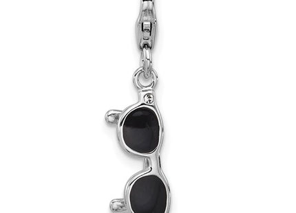 Amore La Vita Sterling Silver Rhodium-plated 3-D Black Enameled Sunglasses Charm with Fancy Lobster Clasp