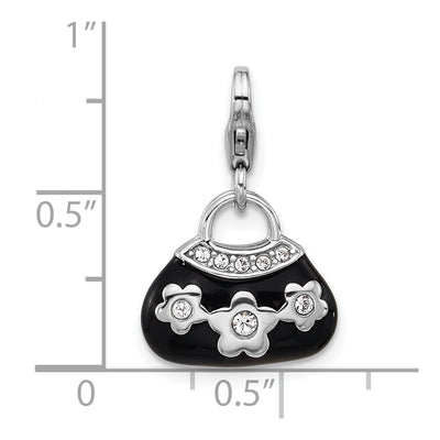 Amore La Vita Sterling Silver Rhodium-plated 3-D Black Enameled Purse with Flowers and White Crystal On Bag Charm with Fancy Lobster Clap