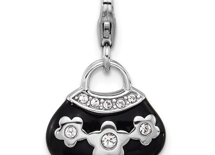 Amore La Vita Sterling Silver Rhodium-plated 3-D Black Enameled Purse with Flowers and White Crystal On Bag Charm with Fancy Lobster Clap