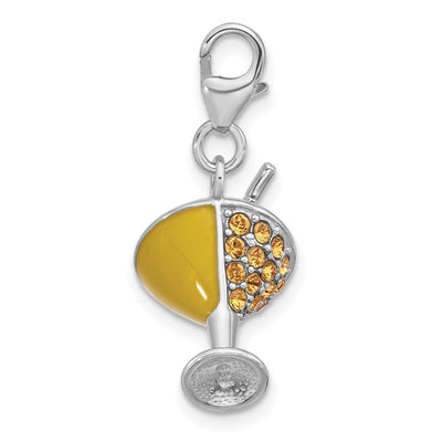 Amore La Vita Sterling Silver Rhodium-plated Yellow Crystal Martini Glass with Red and Yellow Enameled Toppings and Straw Charm with Fancy Lobster Clasp
