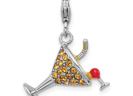 Amore La Vita Sterling Silver Rhodium-plated Yellow Crystal Martini Glass with Red and Yellow Enameled Toppings and Straw Charm with Fancy Lobster Clasp