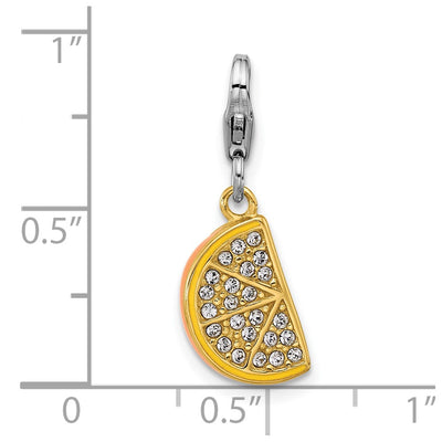 Amore La Vita Sterling Silver Rhodium and Gold-plated Yellow Enameled Orange Slice with White Crystal Charm with Fancy Lobster Clasp