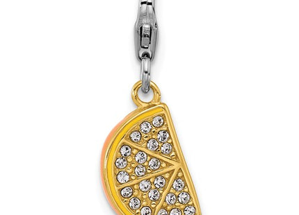 Amore La Vita Sterling Silver Rhodium and Gold-plated Yellow Enameled Orange Slice with White Crystal Charm with Fancy Lobster Clasp