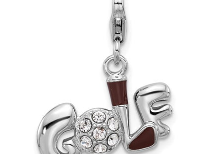 Amore La Vita Sterling Silver Rhodium-plated Brown Enameled GOLF with Golf Club and Ball with White Crystal Charm with Fancy Lobster Clasp
