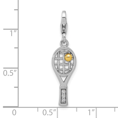 Amore La Vita Sterling Silver Rhodium and Gold-plated Tennis Racket with Ball and CZ Handle Charm with Fancy Lobster Clasp