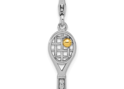 Amore La Vita Sterling Silver Rhodium and Gold-plated Tennis Racket with Ball and CZ Handle Charm with Fancy Lobster Clasp