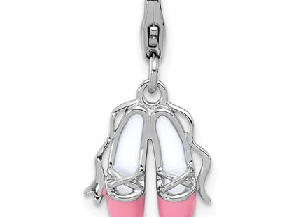 Amore La Vita Sterling Silver Rhodium-plated Pink and White Enameled Ballet Shoes Charm with Fancy Lobster