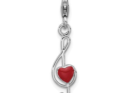 Amore La Vita Sterling Silver Rhodium-plated Treble Clef with Red Enameled Heart Inside Charm with Fancy Lobster Clasp