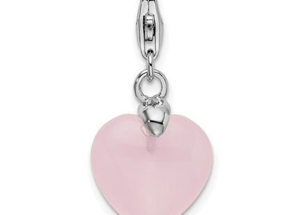 Amore La Vita Sterling Silver Rhodium-plated Polished 3-D Rose Quartz Heart Charm with Fancy Lobster Clasp