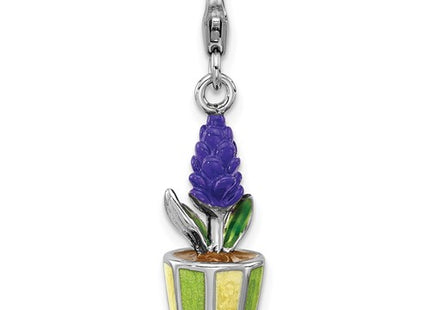 Amore La Vita Sterling Silver Rhodium-plated 3-D Purple Enameled Hyacinth Flower in Green and Yellow Enameled Flower Pot Charm with Fancy Lobster Clasp