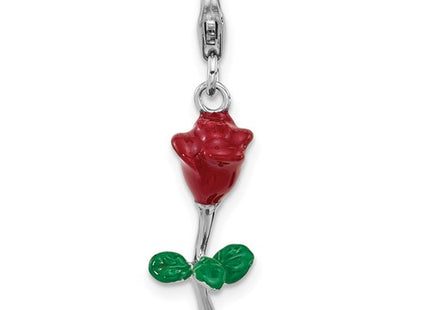 Amore La Vita Sterling Silver Rhodium-plated 3-D Red and Green Enameled Rose Charm with Fancy Lobster Clasp