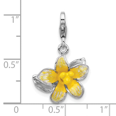 Amore La Vita Sterling Silver Rhodium-plated 3-D Yellow Enameled Plumeria Flower Charm with Fancy Lobster Clasp