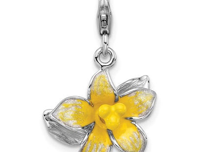 Amore La Vita Sterling Silver Rhodium-plated 3-D Yellow Enameled Plumeria Flower Charm with Fancy Lobster Clasp