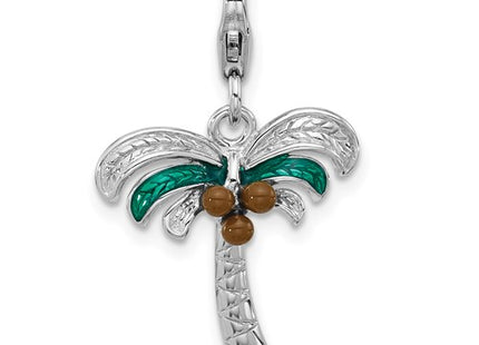Amore La Vita Sterling Silver Rhodium-plated 3-D Green and Brown Enameled Palm Tree Coconuts Charm with Fancy Lobster Clasp
