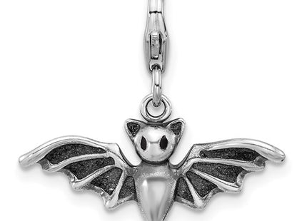 Amore La Vita Sterling Silver Rhodium-plated 3-D Antiqued Bat with Wings Spread Out Charm with Fancy Lobster Clasp
