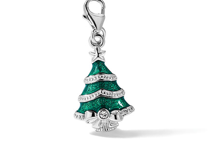 Amore La Vita Sterling Silver Rhodium-plated Green Enameled Christmas Tree with White Crystal in Bow Charm with Fancy Lo