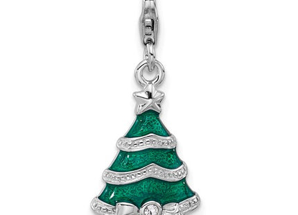 Amore La Vita Sterling Silver Rhodium-plated Green Enameled Christmas Tree with White Crystal in Bow Charm with Fancy Lobster Clasp