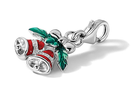 Amore La Vita Sterling Silver Rhodium-plated Red Enameled Christmas Bells with Green Enameled Leaves on Top Charm with F