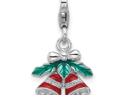 Amore La Vita Sterling Silver Rhodium-plated Red Enameled Christmas Bells with Green Enameled Leaves on Top Charm with Fancy Lobster Clasp
