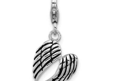 Amore La Vita Sterling Silver Rhodium-plated 3-D Antiqued Heart Shaped Angel Wings Charm with Fancy Lobster Clasp