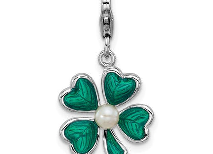 Amore La Vita Sterling Silver Rhodium-plated Green Enameled 4 Leaf Clover with Freshwater Cultured Pearl Charm with Fancy Lobster Clasp