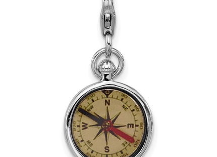 Amore La Vita Sterling Silver Rhodium-plated 3-D Reversible Black/Red and White Enameled Compass Charm with Fancy Lobster Clasp